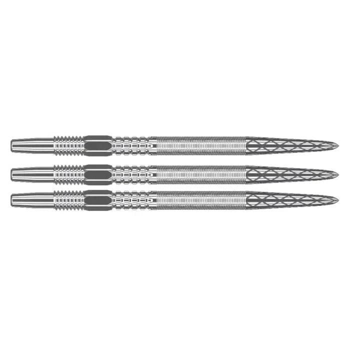 Three Swiss DX dart points side by side on white background showing diamond grip texture and precision laser-etched steel tip
