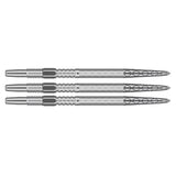 Three Swiss DX dart points side by side on white background showing diamond grip texture and precision laser-etched steel tip