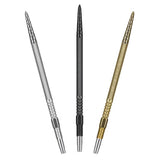 Three Swiss DX dart points in silver, black, and gold finishes, upright on white background showing diamond grip and etched tips
