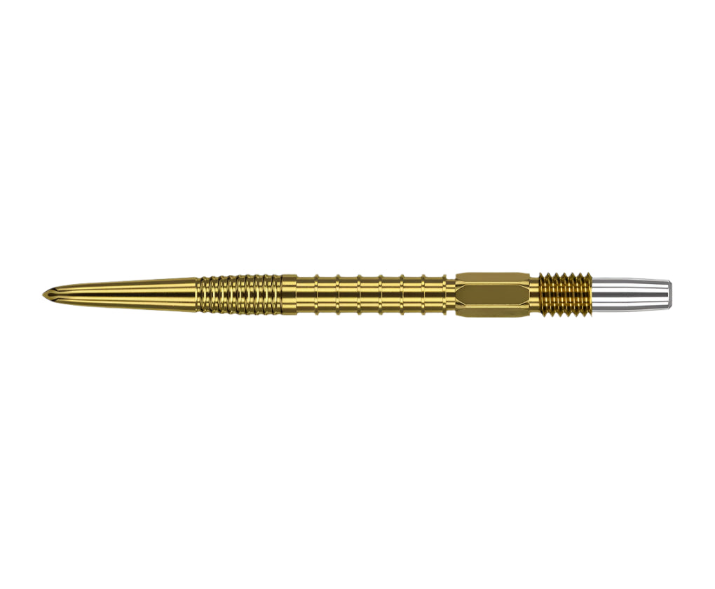 Swiss Fire Point dart point full view isolated on white, showing precision grip milling and gold barrel for enhanced dart control