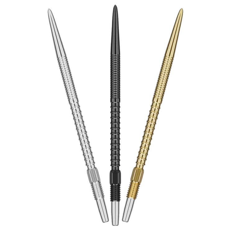 Three Swiss Fire dart points in silver, black, and gold with precision milled grip, full product view on white background