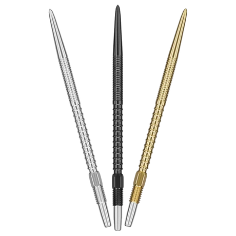 Three Swiss Fire dart points in silver, black, and gold with precision milled grip, full product view on white background