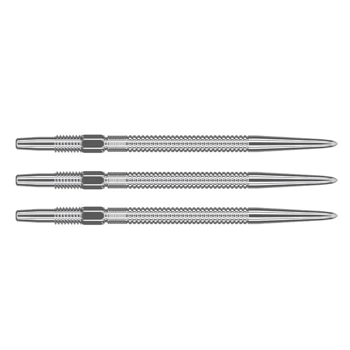 Set of three Swiss GRD dart points in full view, isolated on white background, highlighting knurled grip and machined steel tips