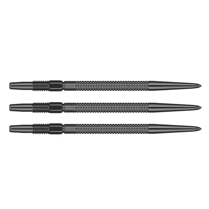 Three Swiss GRD dart points aligned horizontally on white background, showcasing detailed knurled grip and streamlined steel tip design.