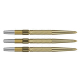 Three gold Swiss GRD dart points aligned side by side on white, showing detailed grip texture and precision tips for dartboard accuracy