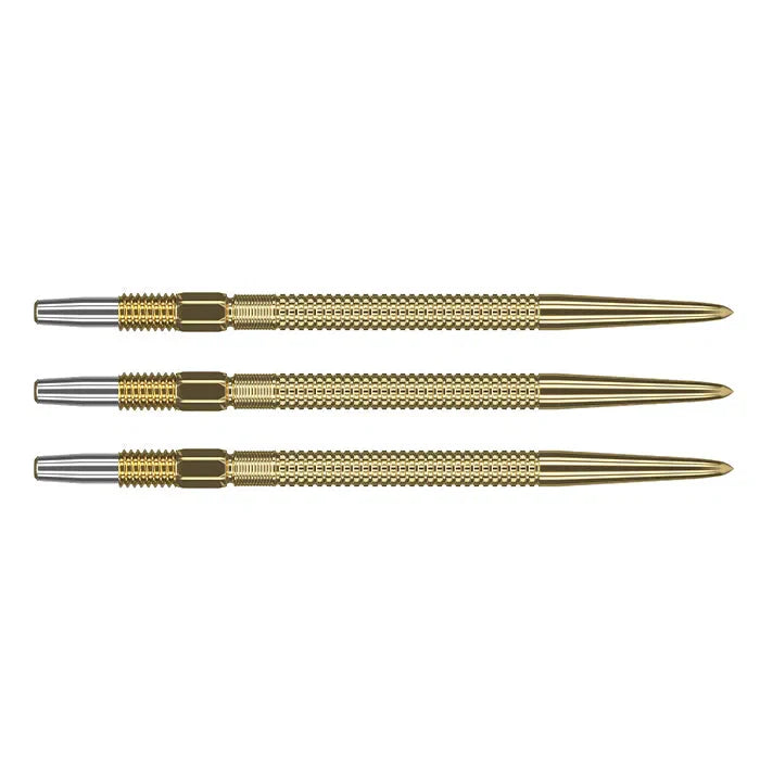 Three gold Swiss GRD dart points in side-by-side horizontal display, knurled grip and precision tip isolated on white background