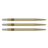 Three gold Swiss GRD dart points in side-by-side horizontal display, knurled grip and precision tip isolated on white background