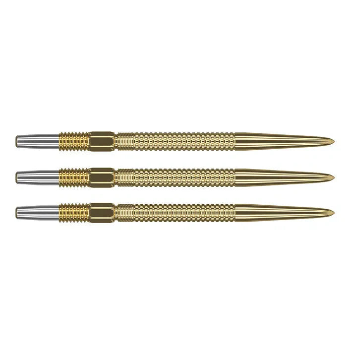 Three gold dart points side by side on white background showing grip texture and precision grooves for Swiss GRD dart equipment