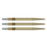 Three gold dart points side by side on white background showing grip texture and precision grooves for Swiss GRD dart equipment