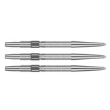 Three Swiss GRD dart points laid flat on white background, showcasing precision grooves and grip design for dartboard accuracy