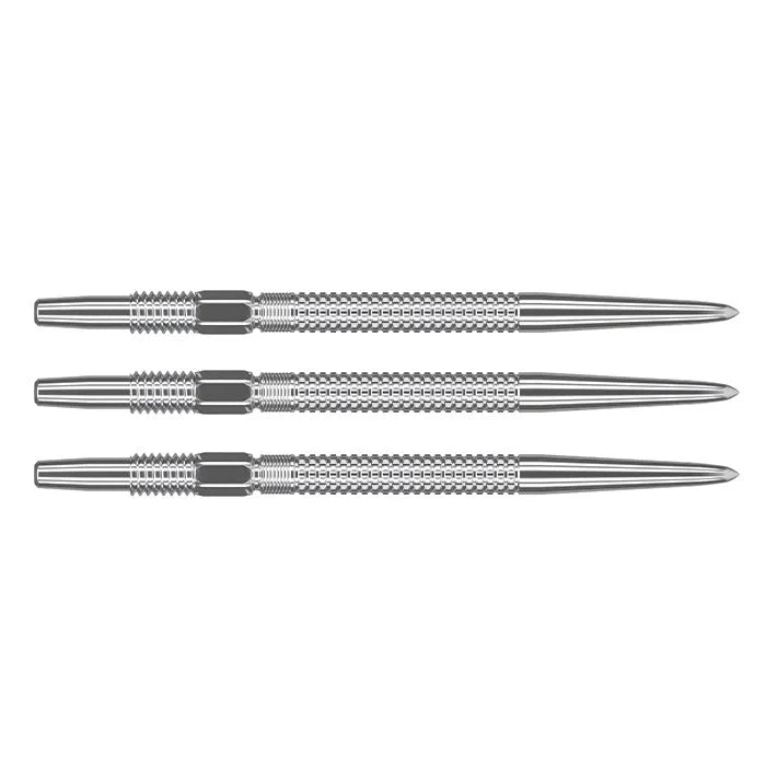 Three Swiss GRD dart points arranged side by side, full view, isolated on white, showing precision grooves and grip pattern