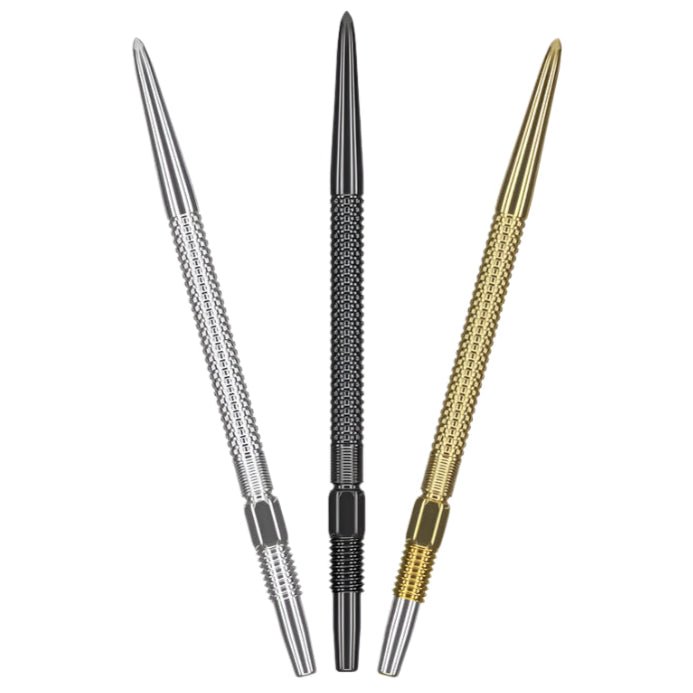 Three Swiss GRD dart points in silver, black, and gold, full product view on white background highlighting grip texture and point profile