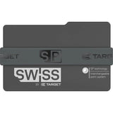 Rectangular Swiss Point Safe Box full view, dark aluminum case closed, labeled with interchangeable dart point system for dart players