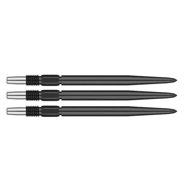 Three black Swiss Point interchangeable dart tips aligned horizontally, full view showing threaded ends and precision steel construction on white background