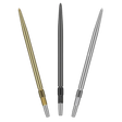 Three Swiss Points interchangeable dart tips in gold, black, and silver colors displayed side by side on a white background