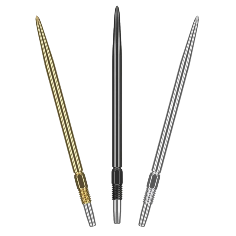 Three Swiss Points interchangeable dart tips in gold, black, and silver colors displayed side by side on a white background