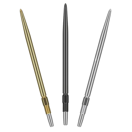 Three Swiss Points interchangeable dart tips in gold, black, and silver colors displayed side by side on a white background