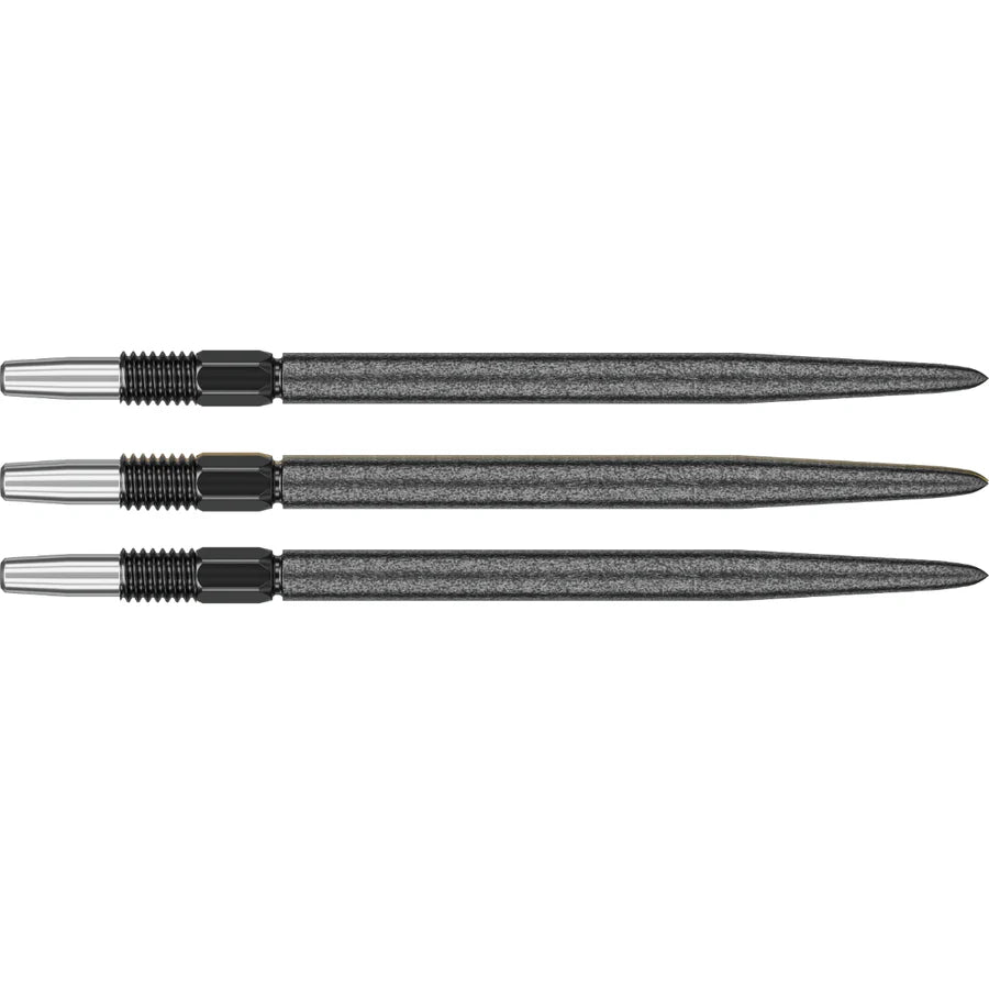 Three Swiss SLK dart points aligned side by side on white background showing grip area and smooth black finish for dartboard accuracy