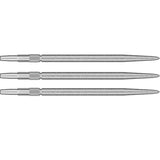 Three Swiss SLK dart points aligned side by side on white background highlighting knurled grip and precision steel tips