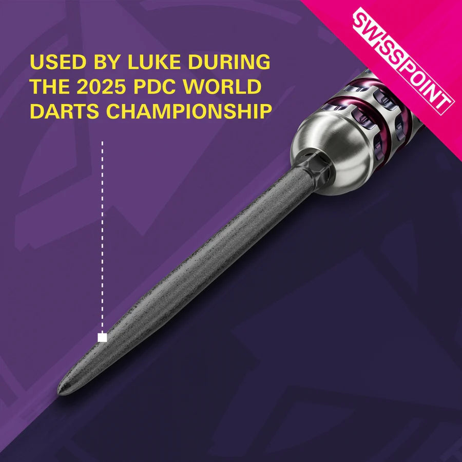 Angled close-up of Swiss SLK dart point installed in barrel, showing precision tip design and textured finish, ideal for steel tip darts