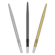 Three Swiss SLK dart points in silver, black, and gold, full view isolated on white, highlighting grip detail for dart players