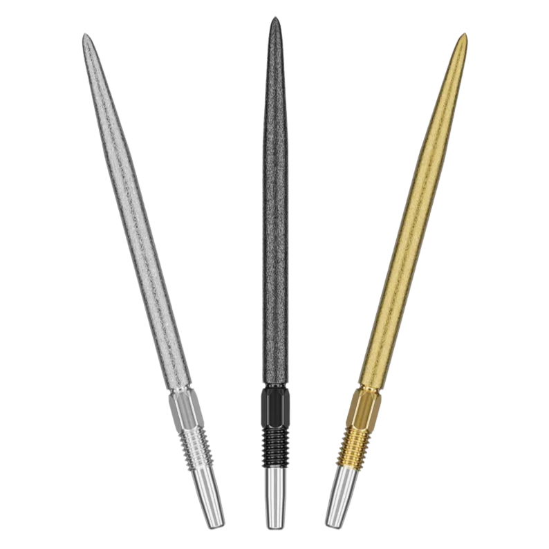 Three Swiss SLK dart points in silver, black, and gold, full view isolated on white, highlighting grip detail for dart players