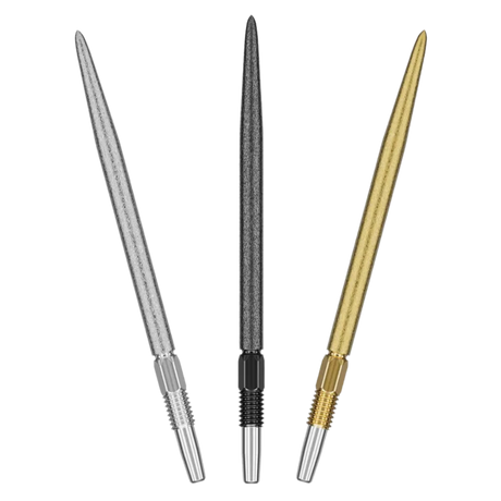Three Swiss SLK dart points in silver, black, and gold, full view isolated on white, highlighting grip detail for dart players