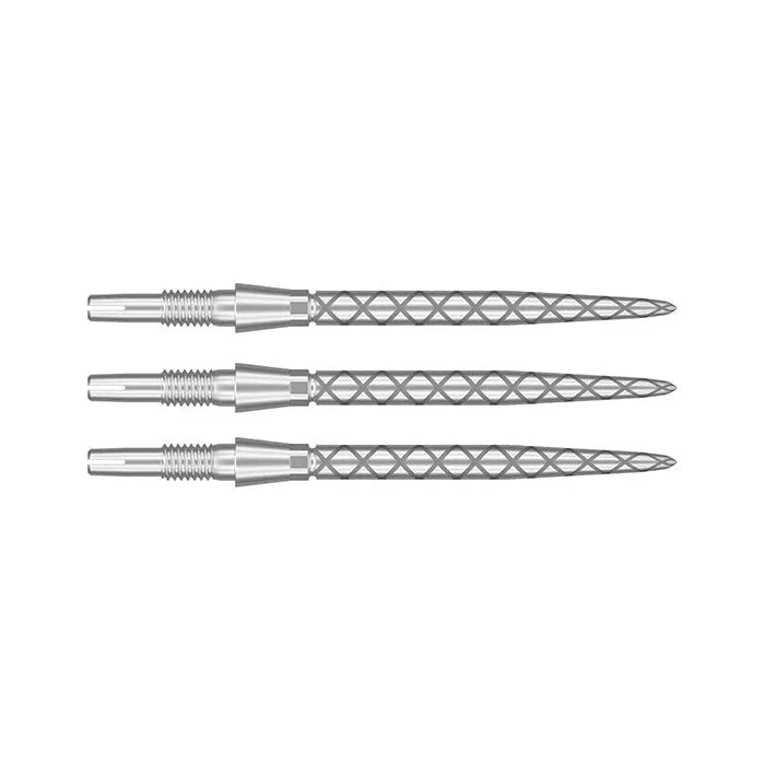 Three dart points with diamond grip pattern displayed side by side on white background for Swiss Storm dart setup