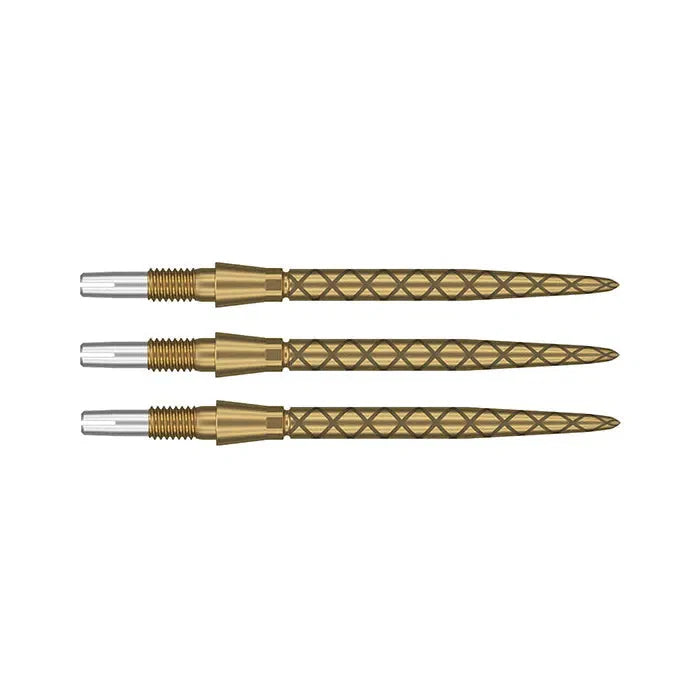 Three Swiss Storm Diamond dart points gold finish full view, diamond grip texture, isolated on white for dart equipment buyers