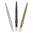 Three Swiss Storm Diamond dart points in silver, black, and gold, full view, diamond grip texture, isolated on white background