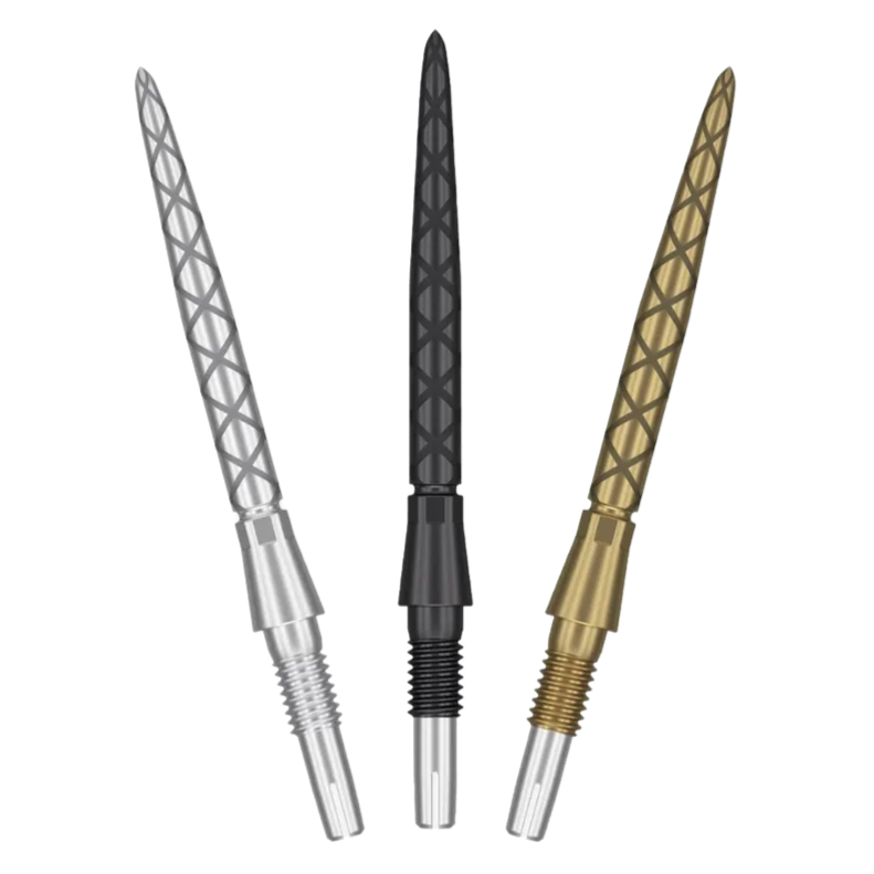 Three Swiss Storm Diamond dart points in silver, black, and gold, full view, diamond grip texture, isolated on white background