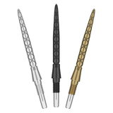 Three Swiss Storm Diamond dart points in silver, black, and gold, full view, diamond grip texture, isolated on white background