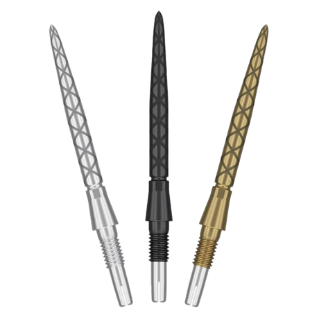 Three Swiss Storm Diamond dart points in silver, black, and gold, full view, diamond grip texture, isolated on white background