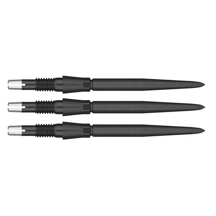 Three Swiss Storm Nano dart points aligned side by side, showcasing black ribbed grip texture and tapered steel tips on white background