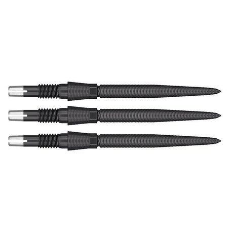 Three Swiss Storm Nano dart points aligned side by side, showcasing black ribbed grip texture and tapered steel tips on white background