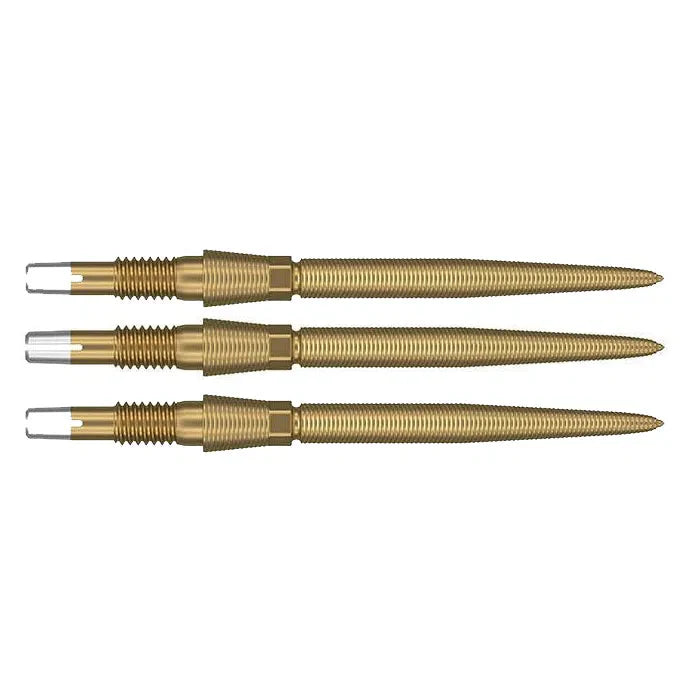 Three gold Swiss Storm Nano dart points aligned side by side, showing precision grip texture and full length on white background