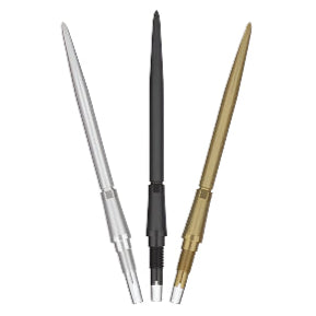 Three Swiss Storm Nano dart points in silver, black, and gold colors, full length isolated on white, highlighting precision grip and tip design