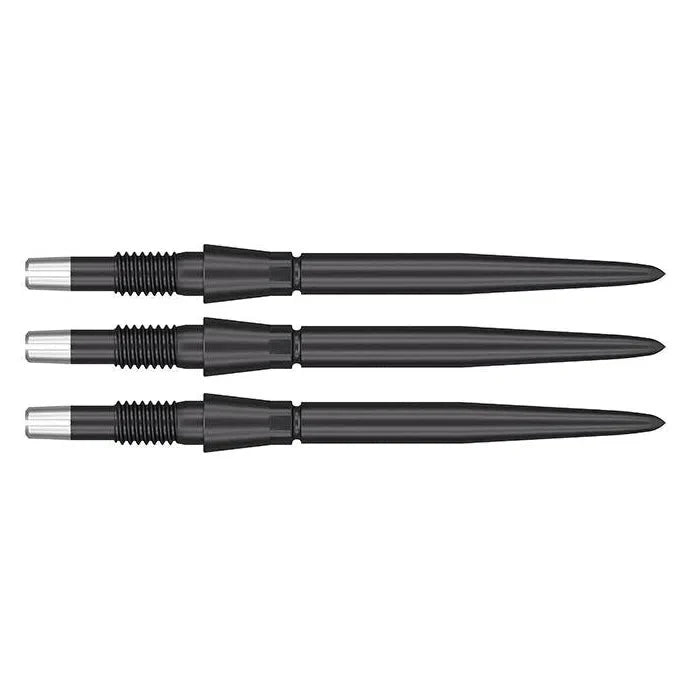 Three Swiss Storm dart points aligned horizontally on white background, showing grip rings and tapered steel tip design for darts