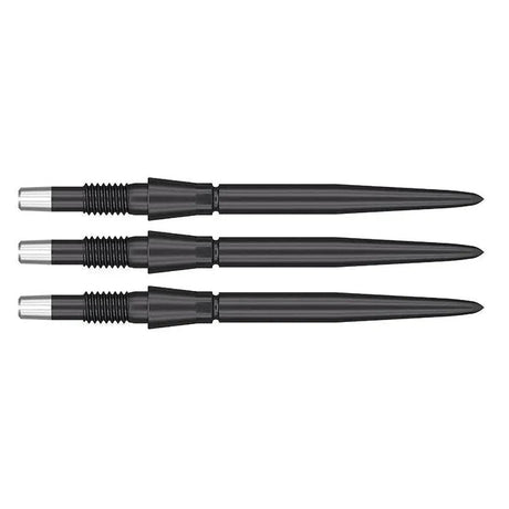 Three Swiss Storm dart points aligned horizontally on white background, showing grip rings and tapered steel tip design for darts