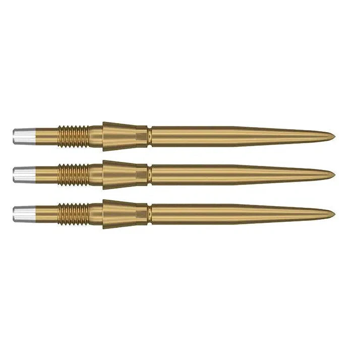 Three gold Swiss Storm dart points displayed side by side on white, highlighting threaded base and tapered steel tip design.