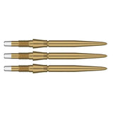 Three gold Swiss Storm dart points displayed side by side on white, highlighting threaded base and tapered steel tip design.