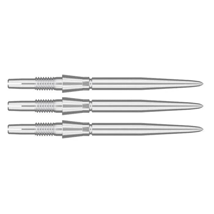 Three silver dart points side by side on white background, highlighting grip design and precision Swiss technology for dart players