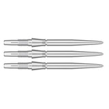 Three silver dart points side by side on white background, highlighting grip design and precision Swiss technology for dart players
