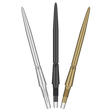 Three Swiss Storm dart points in silver, black, and gold displayed side by side on white, showing threaded base and precision tip