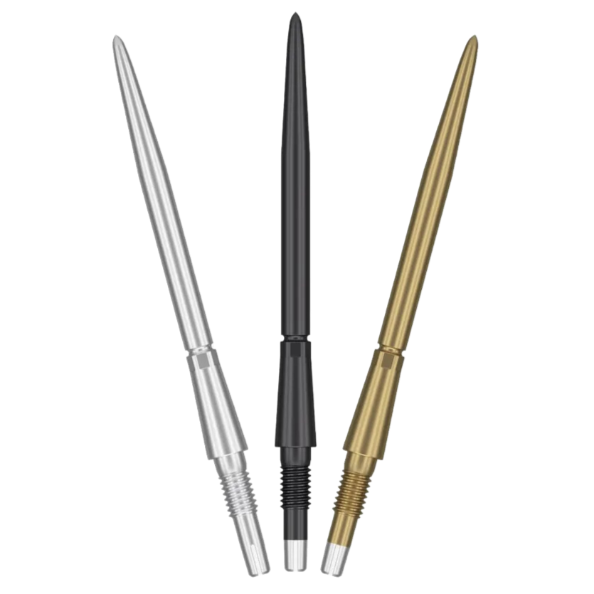 Three Swiss Storm dart points in silver, black, and gold displayed side by side on white, showing threaded base and precision tip