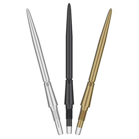 Three Swiss Storm dart points in silver, black, and gold displayed side by side on white, showing threaded base and precision tip