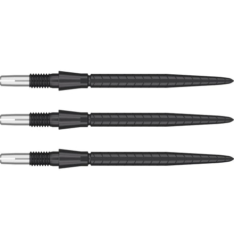Three Swiss Storm Quartz dart points side view on white background showing grip texture and precision threading