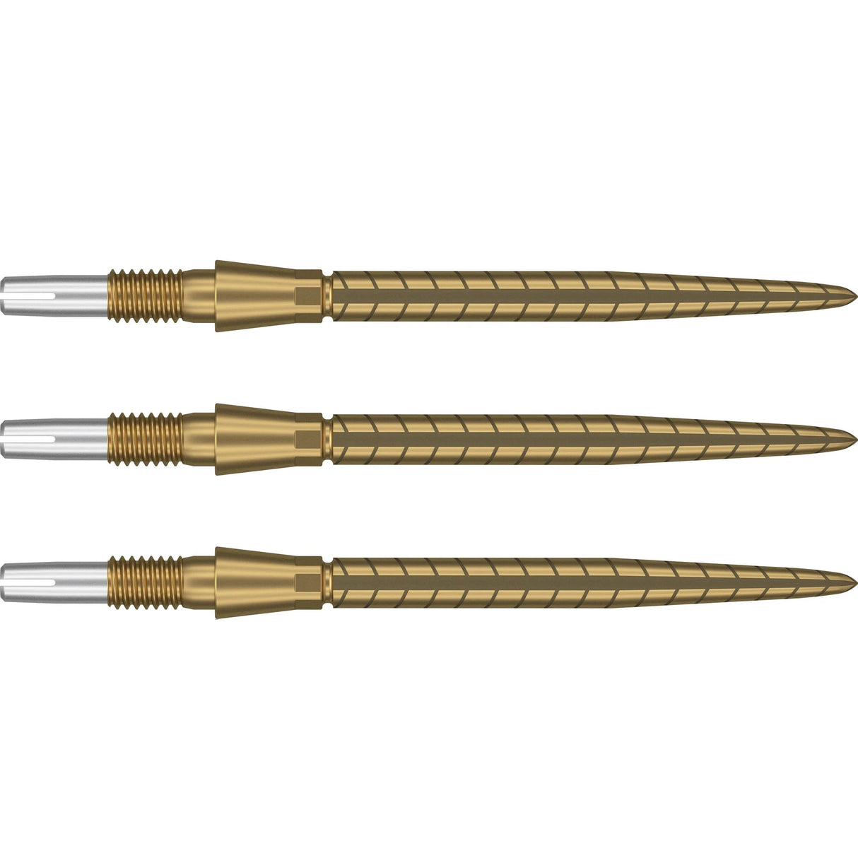 Three Swiss Storm Quartz dart points side by side on white background showing grooved grip and precision Swiss Point tip design