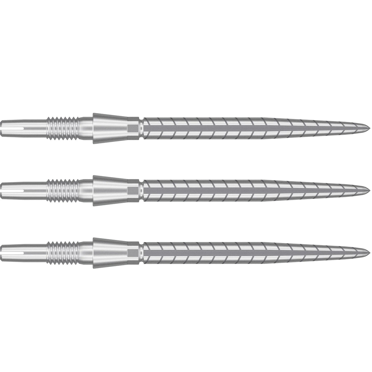 Three Swiss Storm Quartz dart points aligned side by side on white background showing spiral grip and flush-fit design