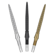 Three Swiss Storm Quartz dart points in silver, black, and gold, full view on white background showcasing grip pattern and color options
